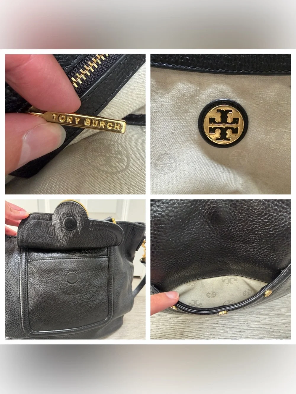 TORY BURCH AMANDA CLASSIC HOBO SATCHEL CROSSBODY HANDBAG BLACK PEBBLED LEATHER